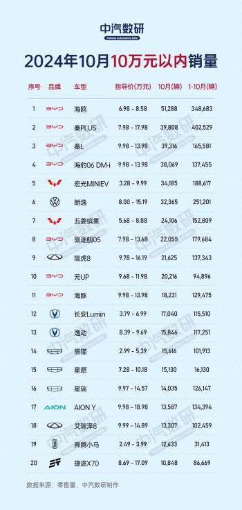 2024年10月各价格段汽车销量排行榜  -图1